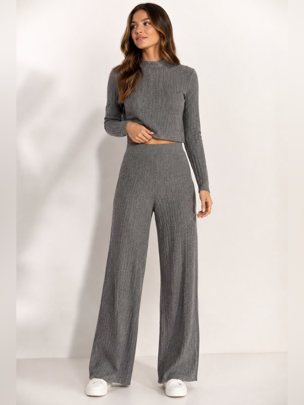 HUNTER & BROWN (GRAY-COLOR) Cable knit 
Knit Top , Wide Leg Pants Set size Lg.